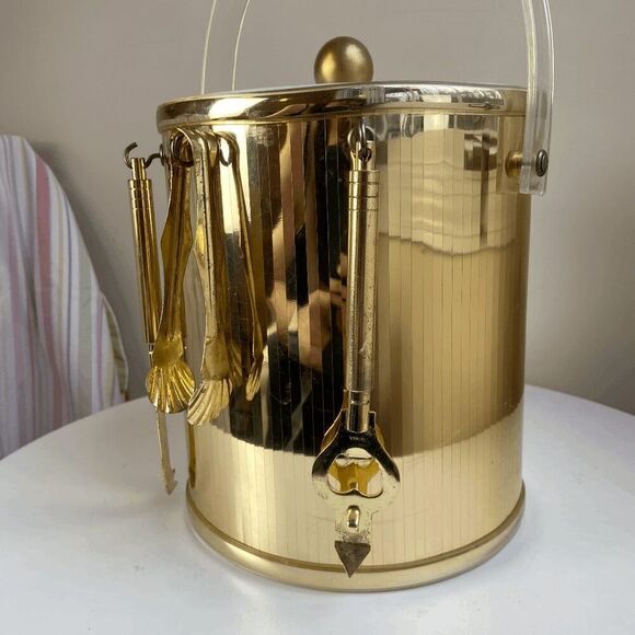 Vintage 1970s Metallic Gold Ice Bucket Clear Lucite Handle with Bar Utensils Bar - Picture 5 of 12